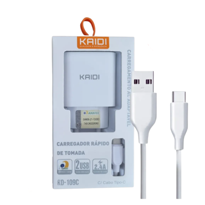 Carregador rápido 12W 2USB 2.4A Bivolt cabo Tipo C, KD-109C