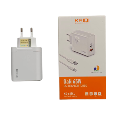 Carregador Turbo 65W Kaidi USB+USB-C com cabo Lightning KD-681CL